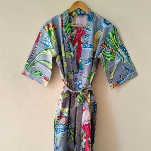 Cotton Kimono Robe, Bird Print Robes for Women, Plus Size Dressing Gown, Beach Cover Up Lounge Wear Lightweight Kimono for Relaxation Style