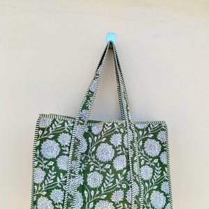 Handmade Green Floral Quilted Cotton Tote Bag: Reversible Shopper