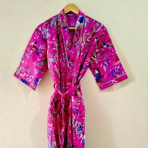 Bird Print Cotton Kimono | Handmade Nightwear Robe & Beach Cover-Up | Boho Maxi Gown for Her