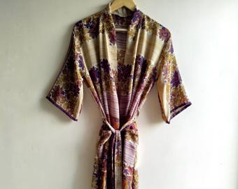 Floral Silk Sari Robe: Recycled Poly Kimono Resort Wear