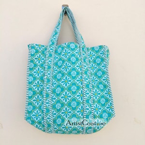 Quilted Cotton Hand Printed Reversible Short Tote Bag Eco friendly Earthy Sturdy Grocery Shopping Handmade Artist Boho Carry All Patch