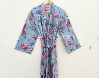 Block Print Cotton Kimono Robe: Bird Pattern Kaftan