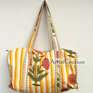 Quilted Duffle Tote Shoulder Patch Bag Cotton Handprint Floral Eco friendly Sustainable bag, Yoga Shopping Beach Artist Boho Weekend bag