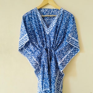 Block Print Kaftan Beach Coverup | Blue & White Organic Cotton Dress | Summer Cruise Wear Nightdress