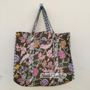 Quilted Cotton Handprinted Reversible Large multicolor Floral Tote Bag Eco friendly Sustainable Sturdy Grocery Shopping Handmade Boho bag