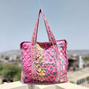 Rosa große Baumwoll-Schulter-Einkaufstasche gestepptes handgemachtes Damen-Shopping & Gepäck Tote Block Print Umweltfreundliches Geschenk