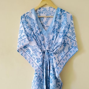 Hand Block Printed Cotton Kaftan: Boho Floral Beach Coverup