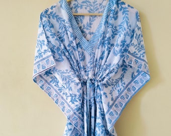 Hand Block Printed Cotton Kaftan | Beach Coverup | Floral Caftan, Short Dress, Indian Print, Boho Summer Fashion