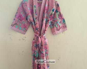 Handmade Indian Cotton Kimono Robe: Bird Print Beach Cover Up