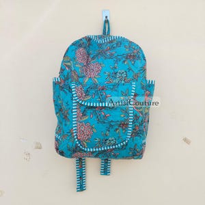 Quilted Cotton Handprint Large Aqua Backpack – Eco Friendly Sustainable Travel Bag for Beach, Shopping & Holiday – Handmade Boho Artist Tote