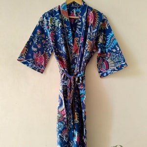 Blue Kimono Robe - Hand Printed 100% Cotton Lightweight Yukata Bathrobe for Women - Stylish Boho Dressing Gown