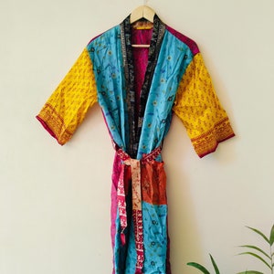 Patchwork Silk Kimono Robe, Hand Stitched Robe, Recycled Silk Robe, Party Wear Gown, Summer Wear Robe, Women&#39;s Clothing, Vintage Robe