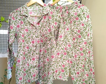 Indian PJ Set,100% Cotton Block Print Pajama Set, Night Wear, Bridesmaid Pajama Set, Womens pajamas Set Cotton Pants Shirt sets,Summer Dress