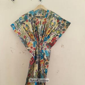 ハンドメイドコットンカフタン、夏用コットンカフタン、ビーチカバーアップ、インドプリントカフタン、ゆったり着物、コットンラウンジウェア、コットンパジャマ、リゾートウェア