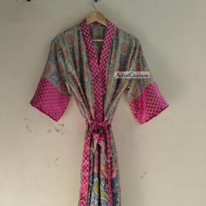Vintage Silk Sari Kimono Robe: Floral Print Beach Cover Up