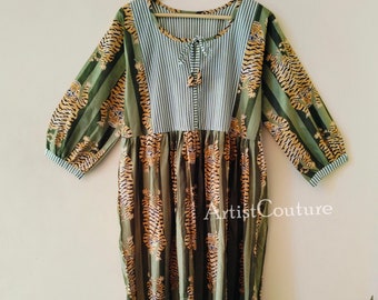 Vestido midi con estampado de tigre verde: gasa de algodón con estampado de bloques