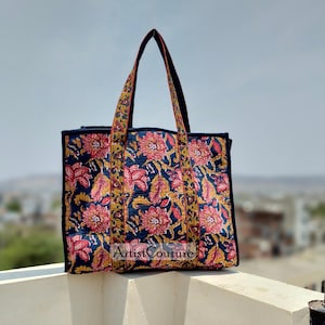 Handmade Quilted Cotton Tote Bag: Blue Floral Block Print, Reversible