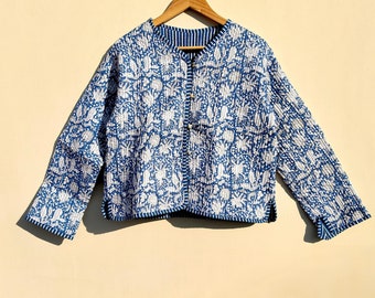 Hand Block Print Cotton Quilted Jacket: White & Blue Leaf