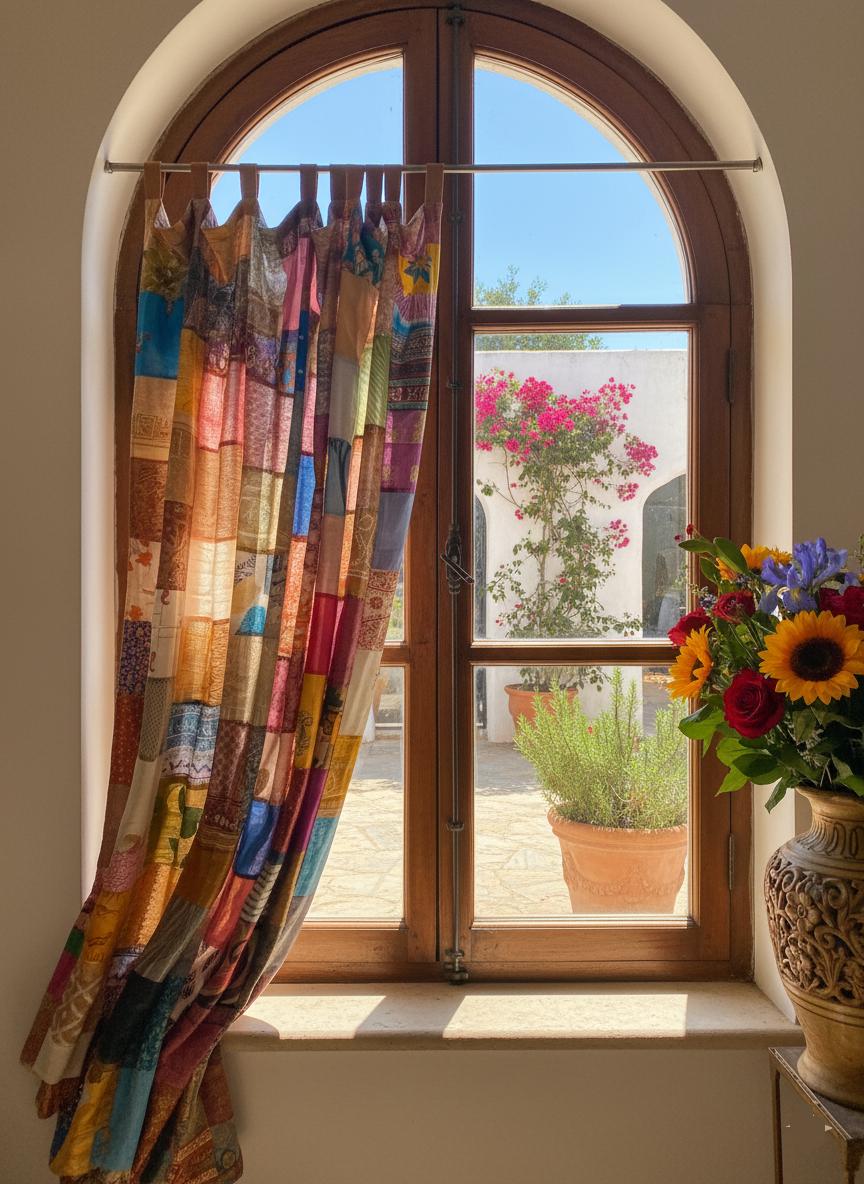 2 Pcs of Handmade Silk Sari Curtain, Boho Patchwork Window Decor