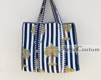 Hand-Printed Quilted Cotton Tote Bag: Reversible Ethnic Style