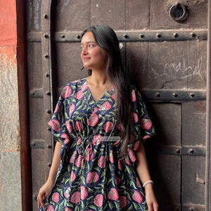 Hand Block Printed Cotton Kaftan: Floral Indian Print Beach Coverup