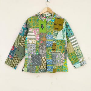 New Style Cotton Green Patchwork Jacket With Collar Cotton Quilted Jacket, Women&#39;s Jacket , Reversible Jacket , Long Patches Jacket