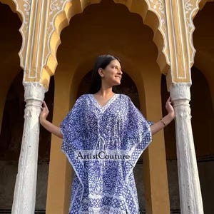 Hand Block Printed Cotton Kaftan: Boho Floral Beach Coverup