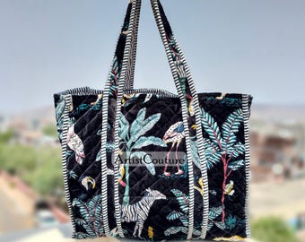 Handmade Velvet Quilted Tote: Black Jangal Print Reversible Bag