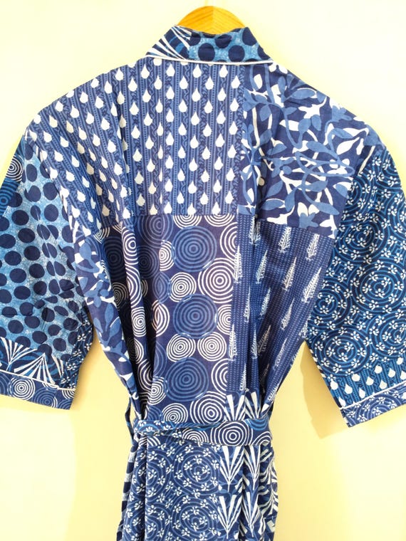 藍ブロックプリントコットン着物ローブ：インドの花柄ガウン - Etsy 日本