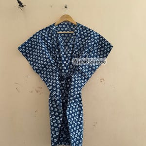 Indigo Short Kaftan, Handmade Cotton Beach Cover Up, Resort Wear & Swim Cover Up, Gifts for Her Cotton Midi Dress