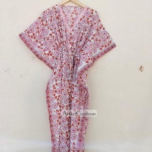 Hand Block Printed Cotton Kaftan: Boho Beach Coverup, Floral Print