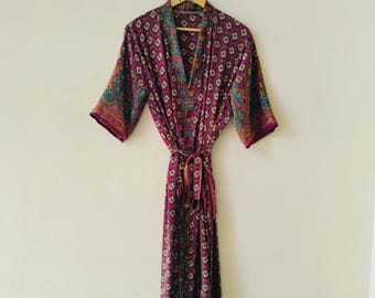 Indian Poly Silk Printed Kimono, Robe: Vintage Sari, Beach Cover Up, Hippie Robe