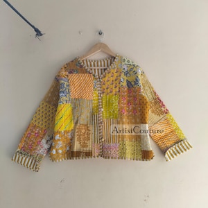 Cotton Quilted Jacket  Women Wear Front Open Kimono Stripe piping HandMade Vintage Quilted Jacket , Coats , New Style, Boho Yellow