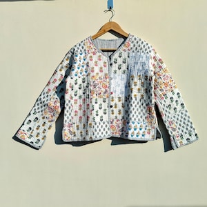 Handmade White Patchwork Kantha Jacket: Bohemian Quilted Cotton Coat