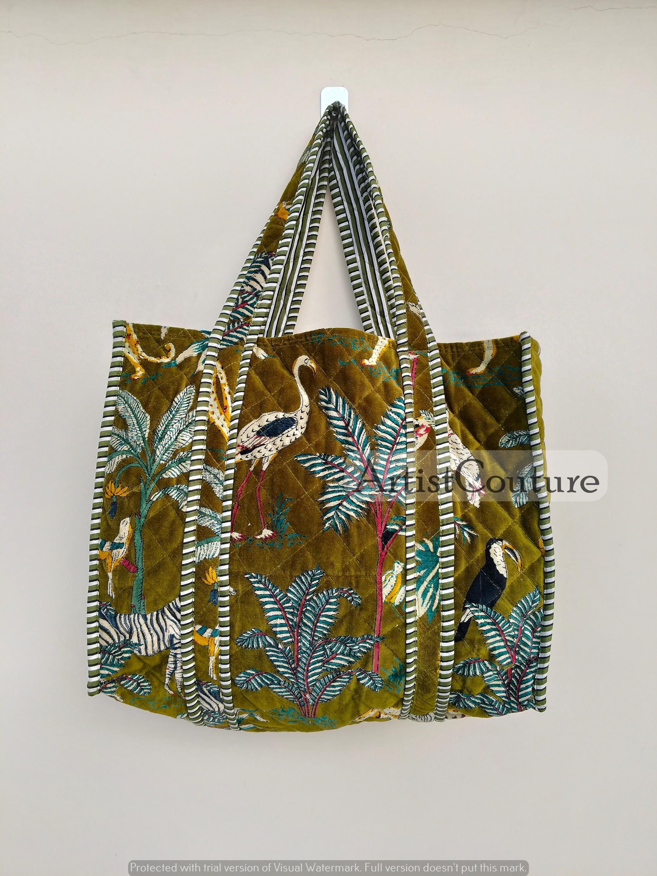 Valvet Green Jangal Printed Tote Reversible Large Tote Bag Eco friendly Sustainable Sturdy Grocery Shopping Handmade Boho bag