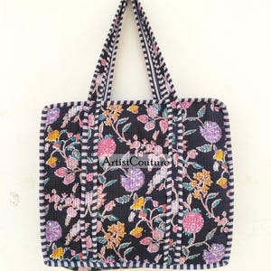 Handmade Boho Eco friendly Sustainable Sturdy Grocery Shopping Bag Quilted Cotton Hand printed Reversible Black Floral Tote Bag