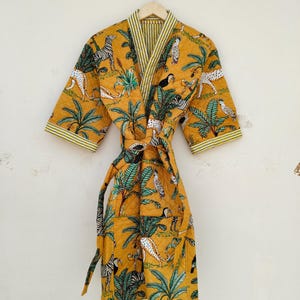 Yellow Leopard Safari Print Quilted Kimono Jacket | Reversible Cotton Robe | Unisex Handmade Winter Kimono | Luxury Jungle Print Coat
