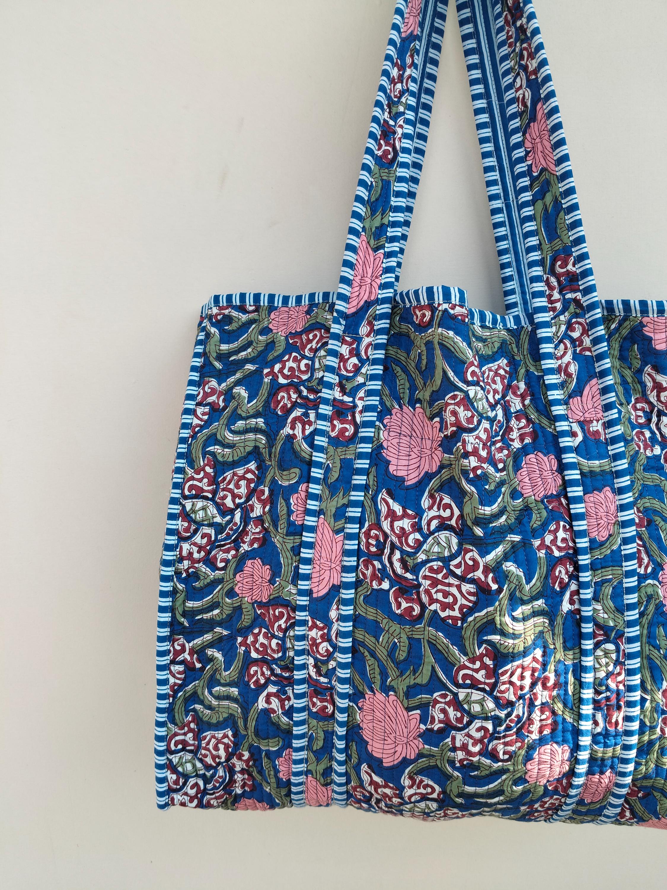 Sac Fourre-tout En Coton Matelassé Imprimé à La Main - Artisanal Indien, Grand Format, Multicolore, Idéal Quotidien
