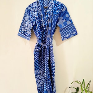 Indigo Cotton Kimono Robes for Women, Unisex Blockprint Beach Cover Ups, Indian Dressing Gown, Bridesmaid Gifts women&#39;s kimono