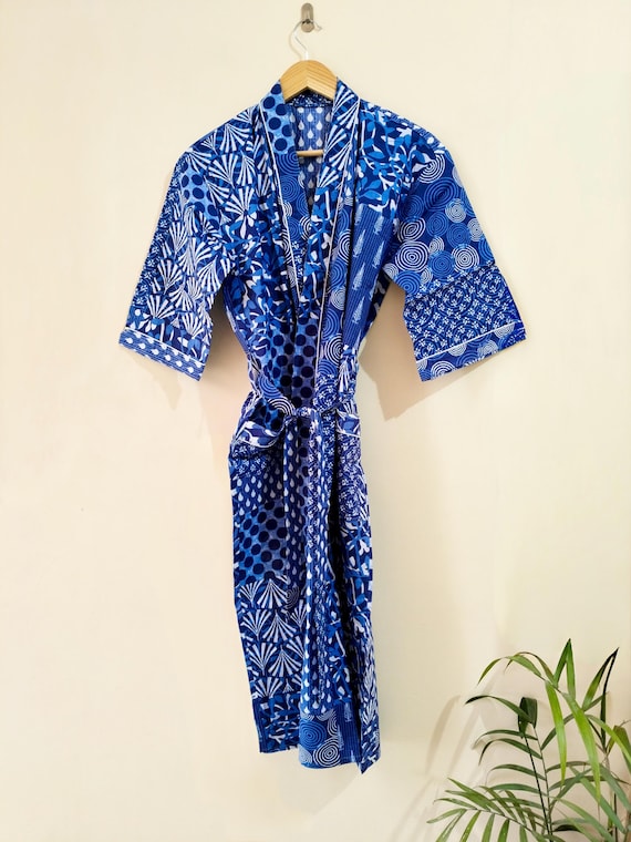 ブロックプリント　インド綿　ガウン　羽織り　着物ローブ 藍ブロックプリントコットン着物ローブ：インドの花柄ガウン - Etsy 日本