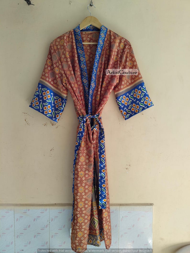 Vintage Silk Saree Kimono Robe, Brown Art Silk Blend, Beach Cover Up - Etsy