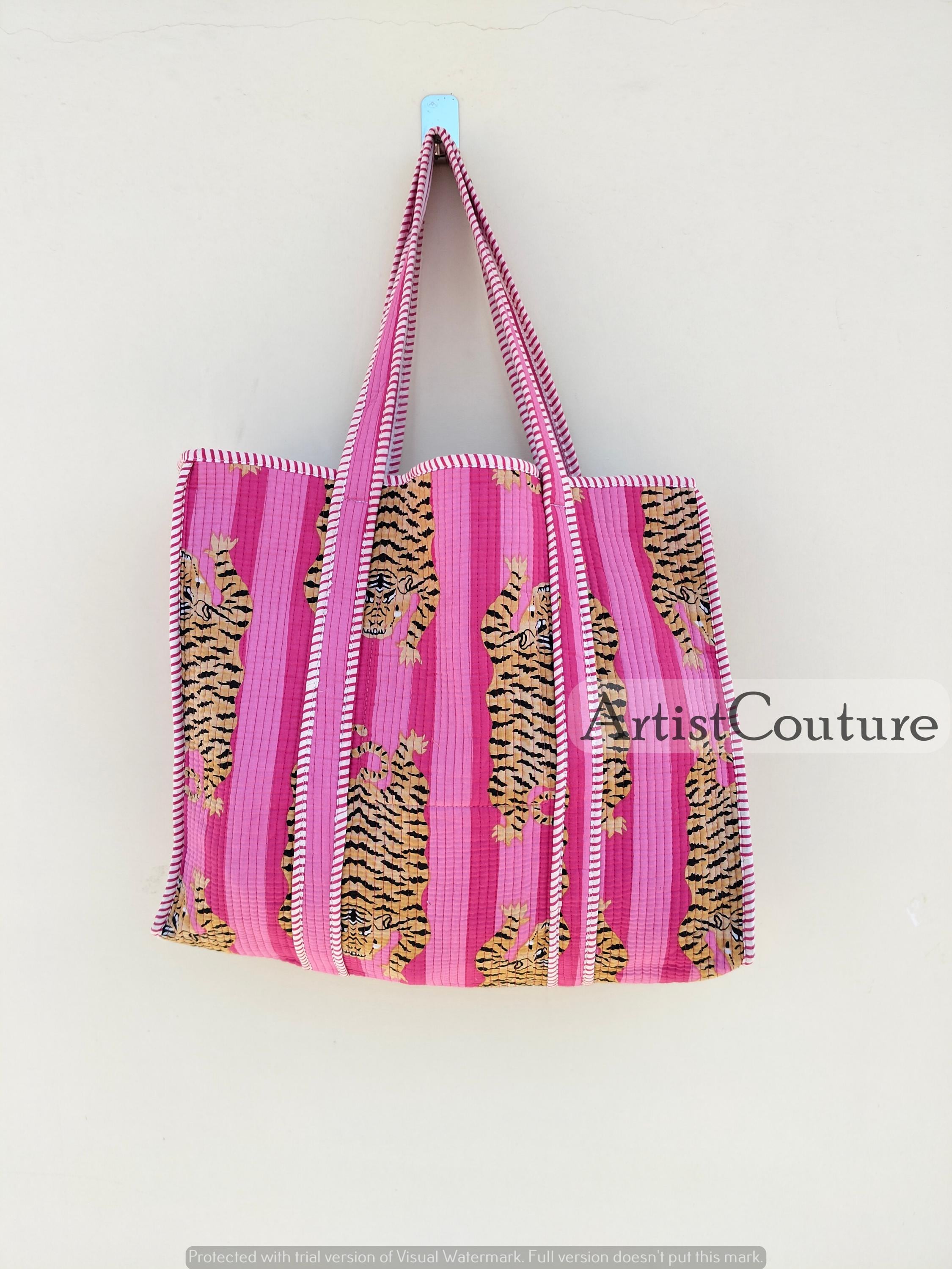 Handmade Quilted Cotton Tote: Pink Tiger Print Reversible Market Bag