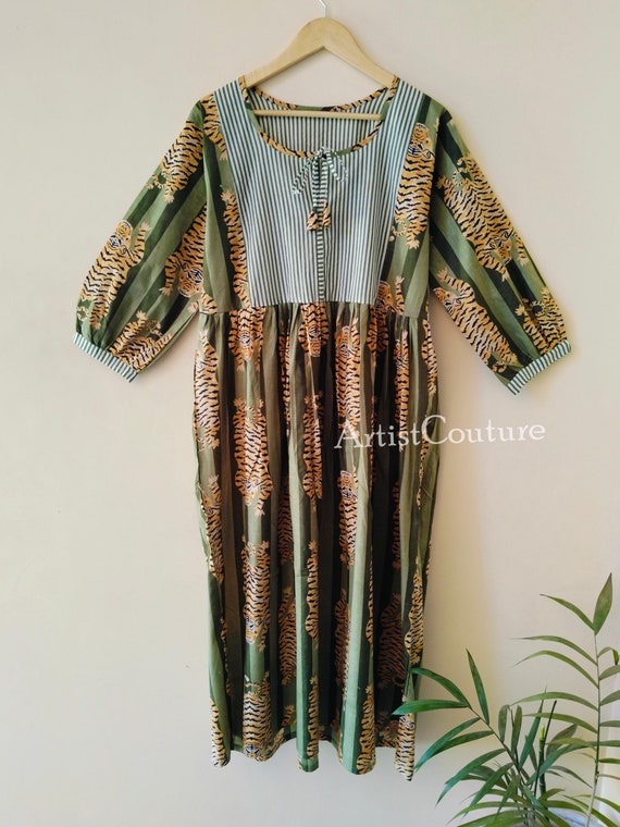 Green Tiger Print Midi Dress: Cotton Gauze Block Print Green Tiger Print Midi Dress: Cotton Gauze Block Print