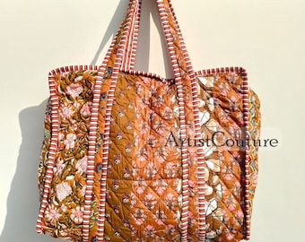 Hand-Printed Quilted Cotton Tote Bag: Ethnic Market Bag (18x18)