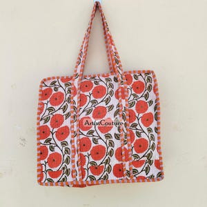 Orange Einkaufstasche, gesteppter Baumwollbeutel, Handblockdruck Große Tasche Einkaufstasche, große Schultertasche, Strandtasche, Geschenk für Mama, Markt-Einkaufstasche