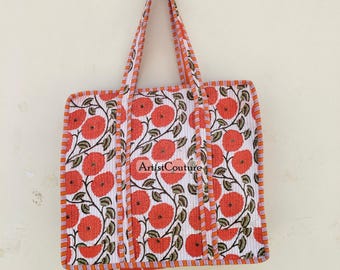 Hand-Printed Quilted Cotton Tote Bag: Orange Floral, Ethnic Style