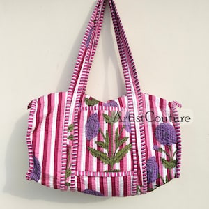 Quilted Duffle Tote Shoulder Patch Bag Cotton Handprint Floral Eco friendly Sustainable bag, Yoga Shopping Beach Artist Boho Weekend bag