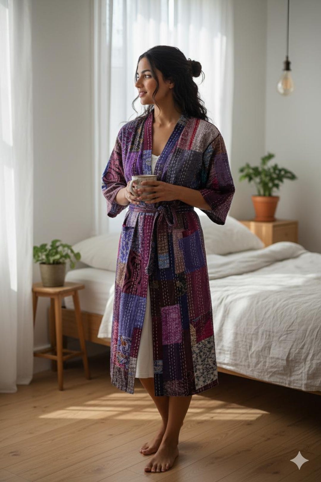 Kantha Robe Handmade Kantha Quilted Kimono Robe: Indian Silk Sari Patchwork - Etsy