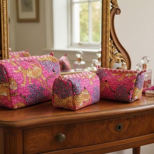 Floral Quilted Makeup Bag Set: Hand Block Print Toiletry Travel Pouches