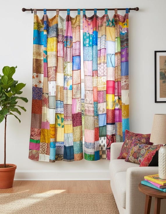 Silk Pachwork Curtain インドサリー　#A22 シングル 2 Pcs of Handmade Silk Sari Curtain, Boho Patchwork Window Decor